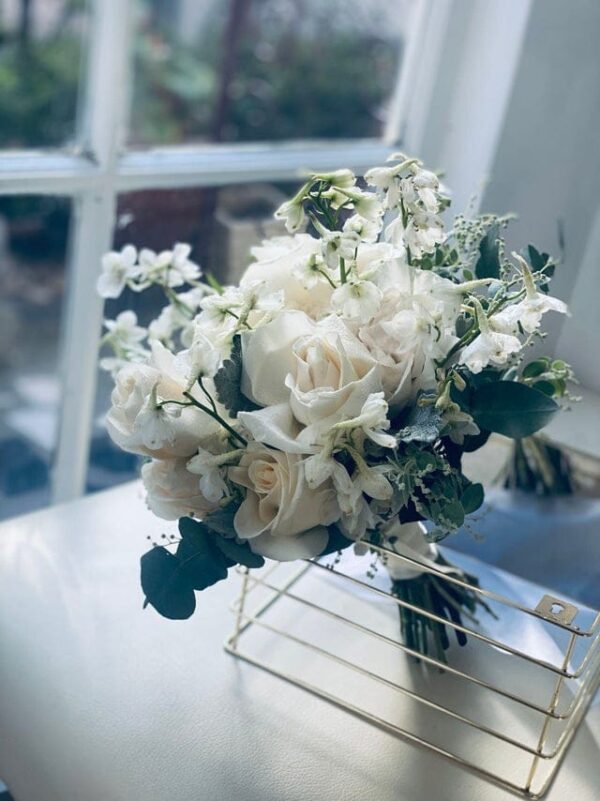 Cream white roses with delphinium — Sun's Florist, Kogarah