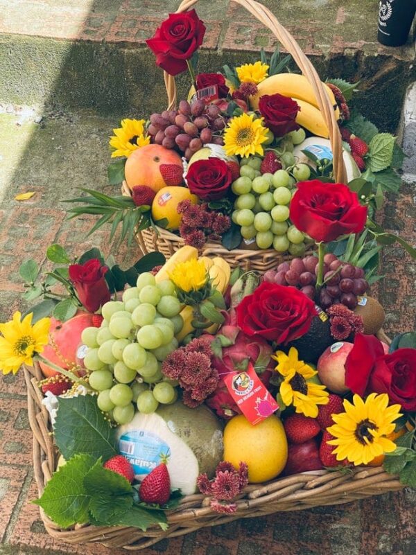 One seasoning choice fruit and flower arrangement in bamboo basket — Sun's Florist, Kogarah