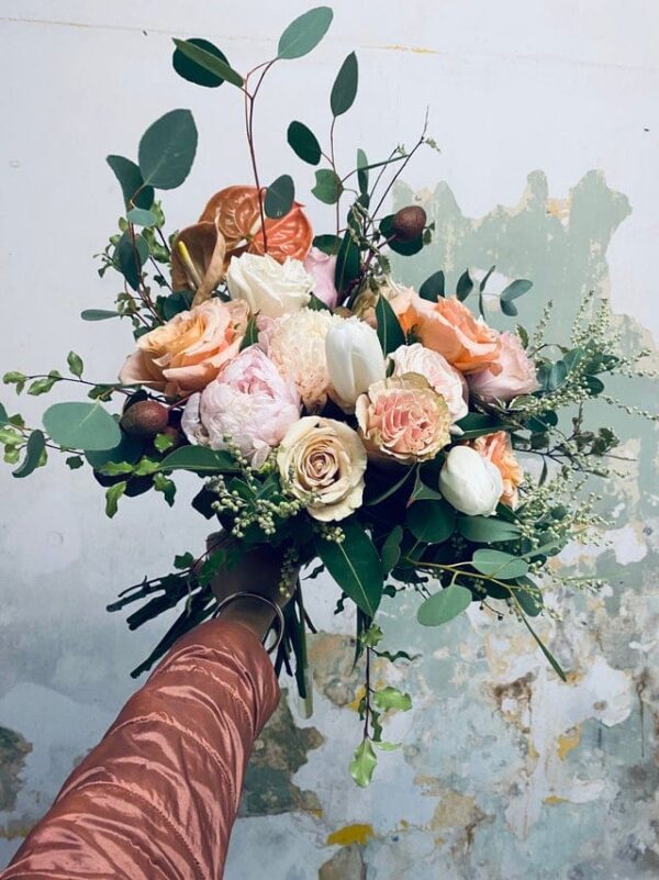 Peony, rose, anthurium and gum nut bridal Bouquet — Sun's Florist, Kogarah