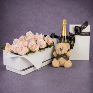Elegant Gift Display with Roses and Wine